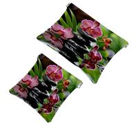 2 Pcs Pocket Cosmetic Bag, Zen Basalt Stones and Orchid Self-Closing Shrapnel Makeup Bag No Zipper Small Makeup Pouch for Mini Travel Storage for Cosmetics Headphones Jewelry Organizer