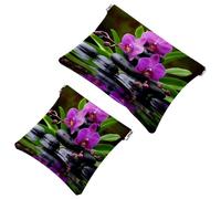 2 Pcs Pocket Cosmetic Bag, Zen Basalt Stones Orchid Self-Closing Shrapnel Makeup Bag No Zipper Small Makeup Pouch for Mini Travel Storage for Cosmetics Headphones Jewelry Organizer