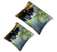 2 Pcs Pocket Cosmetic Bag, Zen Stones and Bamboo Pattern Self-Closing Shrapnel Makeup Bag No Zipper Small Makeup Pouch for Mini Travel Storage for Cosmetics Headphones Jewelry Organizer