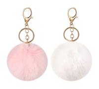 2 Pcs Pom Pom Fluffy Keyrings Soft Plush Pom Balls Keychain Faux Fur Balls Pendant Keychain Bag Hanging Ornament Keyfob for Women Girls Pink and White