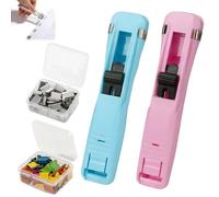 2 Pcs Portable Binder Clip Stapler Set, Staple Free Stapler with 100 Reusable Push Clips for Paper, Mini Stapleless Stapler for Desk, Home School, Office Use in Pink and Blue