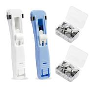 2 Pcs Portable Binder Clip Stapler, with 100 Pcs Small Binder Clips, Non-Destructive Paper Clam Dispenser (White + Blue)