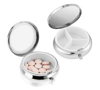 2 PCS Portable Pill Case, Travel Multifunctional Round Moisture Proof Pill Box for Purse & Pocket, 3 Compartment Cute Metal Small Silver Pill Organizer Boxes for Vitamins Fish Oil Supplements