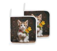 2 PCS Pot Holders Sets Heat Resistant Kitten Hugging A Flower Potholders Non-Slip Kitchen Pot Holder with Soft Cotton Lining, Oven Hot Pads Mats, Trivet for Kitchen Cooking Baking BBQ