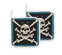 2 PCS Pot Holders Sets Heat Resistant Pirate Flag Skull Potholders Non-Slip Kitchen Pot Holder with Soft Cotton Lining, Oven Hot Pads Mats, Trivet for Kitchen Cooking Baking BBQ