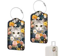 2 PCS Premium Leather Luggage Tags for Suitcases with Privacy Flap Flower Black Cat Design Lightweight for Travel Protects Personal Info Prevents Loss Quick Identification
