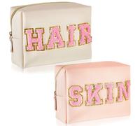 2 Pcs Preppy Patch Makeup Bag Small Chenille Letter Cosmetic Bag PU Leather Waterproof Toiletry Bag Portable Skin Makeup Pouch Preppy Organizer Accessory for Women Girls (Beige, Pink, Hair, Skin