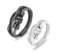 2 Pcs Promise Ring, Adjustable Wedding Rings His and Hers, Cubic Zirconia Silver Rings for Women and Man, Black and Silver Rings, Gifts for Anniversaries Engagements Weddings Valentine's Day