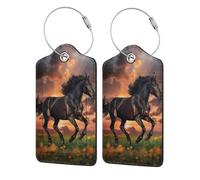 2 Pcs PU Leather Luggage Tags for Suitcase,Black Horse Western Running Equine Farmhouse Baggage Tag with Stainless Steel Loop, Privacy Cover ID Label for Women Men