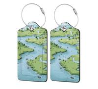 2 Pcs PU Leather Luggage Tags for Suitcase,Oasis River Trees Grassland Baggage Tag with Stainless Steel Loop, Privacy Cover ID Label for Women Men