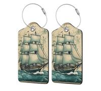 2 Pcs PU Leather Luggage Tags for Suitcase,Vintage Nautical Map Clipper Ship Compass Baggage Tag with Stainless Steel Loop, Privacy Cover ID Label for Women Men