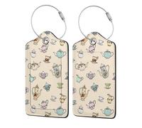 2 Pcs PU Leather Travel Cruise Luggage Tag with Privacy Flap, Tag Label Travel Suitcase Identifier ID Tags Hand Drawn Vintage Tea Pots