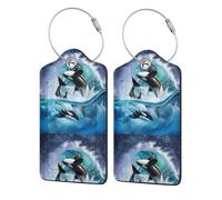 2 Pcs PU Leather Travel Cruise Luggage Tag with Privacy Flap, Tag Label Travel Suitcase Identifier ID Tags Orca Killer Whales Wave