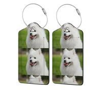 2 Pcs PU Leather Travel Cruise Luggage Tag with Privacy Flap, Tag Label Travel Suitcase Identifier ID Tags Japanese Spitz Pet Dog