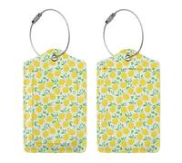 2 Pcs PU Leather Travel Cruise Luggage Tag with Privacy Flap, Tag Label Travel Suitcase Identifier ID Tags Green Leaf Yellow Lemon Pattern