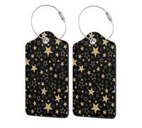 2 Pcs PU Leather Travel Cruise Luggage Tag with Privacy Flap, Tag Label Travel Suitcase Identifier ID Tags Gold Stars On Black Background