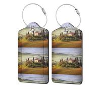 2 Pcs PU Leather Travel Cruise Luggage Tag with Privacy Flap, Tag Label Travel Suitcase Identifier ID Tags Tuscany Seen from Stone Ancient Village of Montepulciano Italy in Cloudy Day Nature