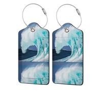 2 Pcs PU Leather Travel Cruise Luggage Tag with Privacy Flap, Tag Label Travel Suitcase Identifier ID Tags Ocean Wave