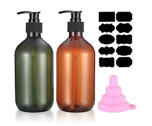 2 Pcs Pump Bottle Dispenser, 500ML/17oz Refillable Empty Press Pump Bottles, Plastic Liquid Soap Dispenser Storage Holder Container for Lotions, Shampoo, Conditioner, with Funnel, Label Paper
