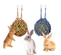 2 Pcs Rabbit Hay Feeder Mesh Bags, Rabbit Treat Bags Feeder Net Set, 2 Metal Hooks with Spherical Polyester Hay Pouch for Rabbits, Hamsters, Chinchillas, and Other Small Pets