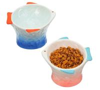 2 Pcs Raised Tilted Ceramic Cat Food Bowl, Cute Elevated Slanted Shallow Shallow Angled Fish Shape Cat Bowl, Non Slip Cats Feeding Bowls for Anti-Vomiting and Whisker Fatigue (Blue, Pink)