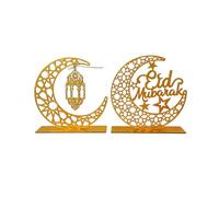 2 Pcs Ramadan Decorations for Home Table,Eid Mubarak Decoration Islamic Tabletop Decor Wooden Ramadan Sign Hollow Lantern Moon Crescent Castle Festival Desk Ornament,for Muslim Desktops Accessories