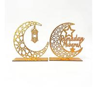 2 Pcs Ramadan Decorations for Home Table,Eid Mubarak Decoration Islamic Tabletop Decor Wooden Ramadan Sign Hollow Lantern Moon Crescent Castle Festival Desk Ornament,for Muslim Desktops Accessories