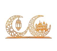 2 Pcs Ramadan Decorations for Home Table,Eid Mubarak Decoration Islamic Tabletop Decor Wooden Ramadan Sign Hollow Lantern Moon Crescent Castle Festival Desk Ornament,for Muslim Desktops Accessories