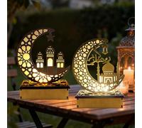 2 Pcs Ramadan Lights Decorations, Ramadan Eid LED Night Light, Ramadan Decorations for Home, Ramadan Eid Mubarak Ornaments Muslim Ramadan Table Lamp, Wooden Moon Star Night Lights for Eid Festival
