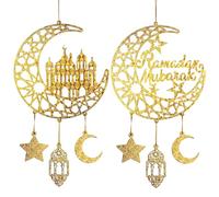2 PCS Ramadan Mubarak Hanging Decorations, SGZIOO Wooden Eid Kareem Hanging Sign for Door Wall, Islamic Hollow Star Moon Castles Ornament for Muslim Eid Mubarak Home Party