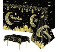 2 Pcs Ramadan Tablecloth - Plastic Black Gold Ramadan Kareem Table Cloth, Disposable Rectangle Eid Moon Star Table Cover for Ramadans Mubarak Home Party Supplies Decorations Table Decor, 108 x 54 Inch