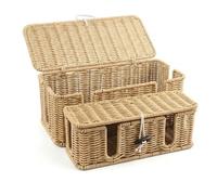 2 Pcs Rattan Cable Management Box, Large Cord Organizer Box with Lid Under Desk Router Hider with 4 Exits, Wire Boxes Hider for TV Wires Computer Surge Protector USB Hub Power Strip(Natural)