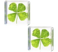 2 Pcs Real Flower Desk Accessory, 1.5 in / 3.8 cm Mini Resin Cube with 3D Preserved Four-Leaf Clover, Clear Specimen Paperweight for Education, Home Decor and Office