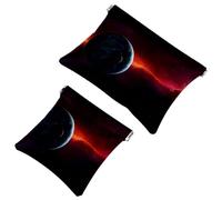 2 PCS Red Cosmos Planets Earth Pocket Cosmetic Bag, Self-Closing Shrapnel Makeup Pouch, Portable No Zipper Mini Travel Make Up Bag for Headphones Coin Lipstick Cosmetics Earphones Jewelry Organizer