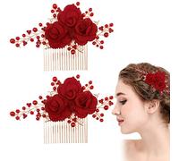 2 Pcs Red Flower Hair Comb Gold Rose Bridal Side Combs Floral Rhinestone Pearl Combs Vintage Decorative Crystal Emerald Headpiece Wedding Sparkly Hair Accessory for Women