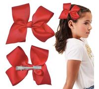 2 Pcs Red Hair Bows for Girls - Large Clips, Soft Ribbon Barrettes (Red)
