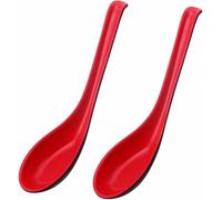 2 Pcs Red Soup Spoons, Asian Plain Style, Plastic Cutlery Ramen Noodle Soup Ladle Easy Clean