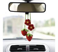 2 PCS Red Strawberry Car Interior Rear View Mirror Ornament Hanging Accessories, Knitted Fruit Interior Mirror Decorations, Handmade Aesthetic Decor Crochet Plant
