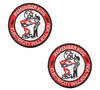 2 PCS Remember Kids Electricity Will Kill You Tactical Patch-Funny Embroidered Emblem Applique Hook and Loop Patch for Armband,Coat, Pants,Pouch,Helmets,Hats,Jackets,Backpacks(Round)