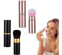 2 Pcs Retractable Blusher Brush with Cover, Portable Kabuki Makeup Brush Set for Foundation, Bronzer and Powder, Travel Size Cosmetic Tools (Golden & Black)