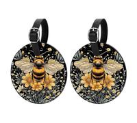 2 Pcs Retro Bee Pattern Luggage Tags for Suitcase PU Leather Round Travel Bag Tag ID Label Address Card Travel Bag Labels Suitcase Tags