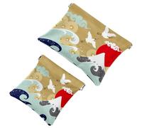 2 PCS Retro Japanese Crane Wave Clouds Sun Pocket Cosmetic Bag, Self-Closing Shrapnel Makeup Pouch, Portable No Zipper Mini Travel Make Up Bag for Coin Lipstick Cosmetics Earphones Jewelry Organizer