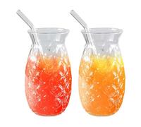 2 Pcs Retro Ribbed Water Drinking Glasses with Glass Straws Pineapple Clear Glass Ice Coffee Cups 480ml for Coocktail Whiskey Beer Water Juice Milk