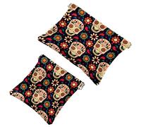 2 PCS Retro Sugar Skull Floral Pattern Pocket Cosmetic Bag, Self-Closing Shrapnel Makeup Pouch, Portable No Zipper Mini Travel Make Up Bag for Coin Lipstick Cosmetics Earphones Jewelry Organizer