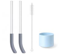 2 PCS Reusable Grey Straws for Ninja BlendBOSS, with 1 Cup Sleeve | Compatible with 26oz Travel Tumbler, 2 Replacement Removeable Plastic Straws, 1 Blue Anti-Slip Silicone Bottom Boot
