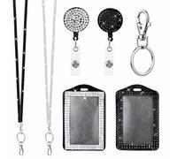 2 PCS Rhinestone Bling Lanyard with Id Badge Holder, Rhinestone Lanyard for Diamond Crystal Id Card Holder Crystal Retractable Badge Reel Neck Lanyard with Metal Clasp Key Ring for Women, White, Black