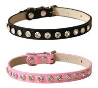 2 Pcs Rhinestone Dog Collar Set, Adjustable Pu Leather Pet Accessory, Sparkling Necklaces For Small Medium Pets, Black