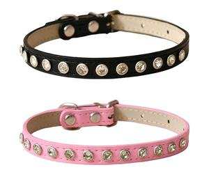 2 Pcs Rhinestone Dog Collar Set, Adjustable Pu Leather Pet Accessory, Sparkling Necklaces For Small Medium Pets, Black