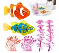 2 Pcs Robo Fishs Robot Fish with 2 Pcs Simulation Seaweed and 2 Pcs Simulation Coral, Bath Fish Swimming Set, Auto Swim in Water, Realistic Movement for Bath Time Fun