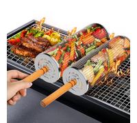 2 pcs Rolling Grill Basket with Removable Wooden Handles, 304 Stainless Steel Rolling Barbecue Utensils Tool Sets BBQ Accessories Tools for Vegetables Shrimp, Outdoor Cooking, Gifts for Men Dad